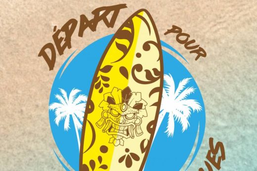 Planche de surf jaune décorative, palmiers bleus-blancs, texte "Départ pour les tropiques" autour.
