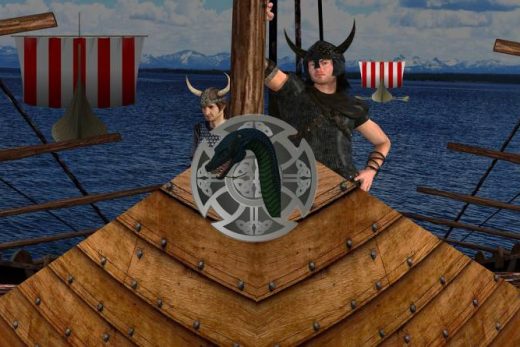 Deux Vikings sur un navire, deux bateaux et montagnes derrière. Immersion garantie comme chez Laeris !.
