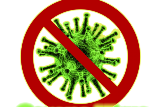 Virus vert barré, texte "Corona-Virus" en gras dessous, illustration impactante, style avertissement.