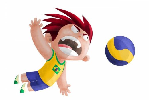 Joueur brésilien de volley saute, vise le ballon bleu et jaune avec détermination, ambiance animée.