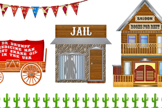 Scène western : chariot, saloon, prison "Jail", personnage derrière les barreaux et cactus.