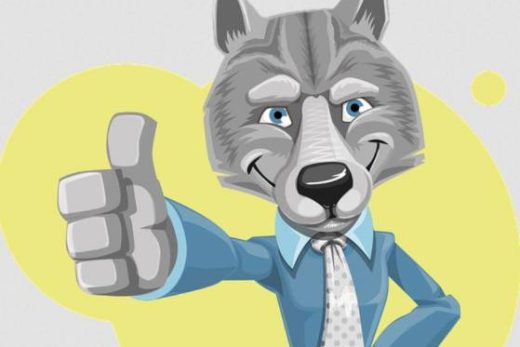 Wolf cartoon, bleu chemise et cravate, souriant et pouces levés, devant fond jaune vif.